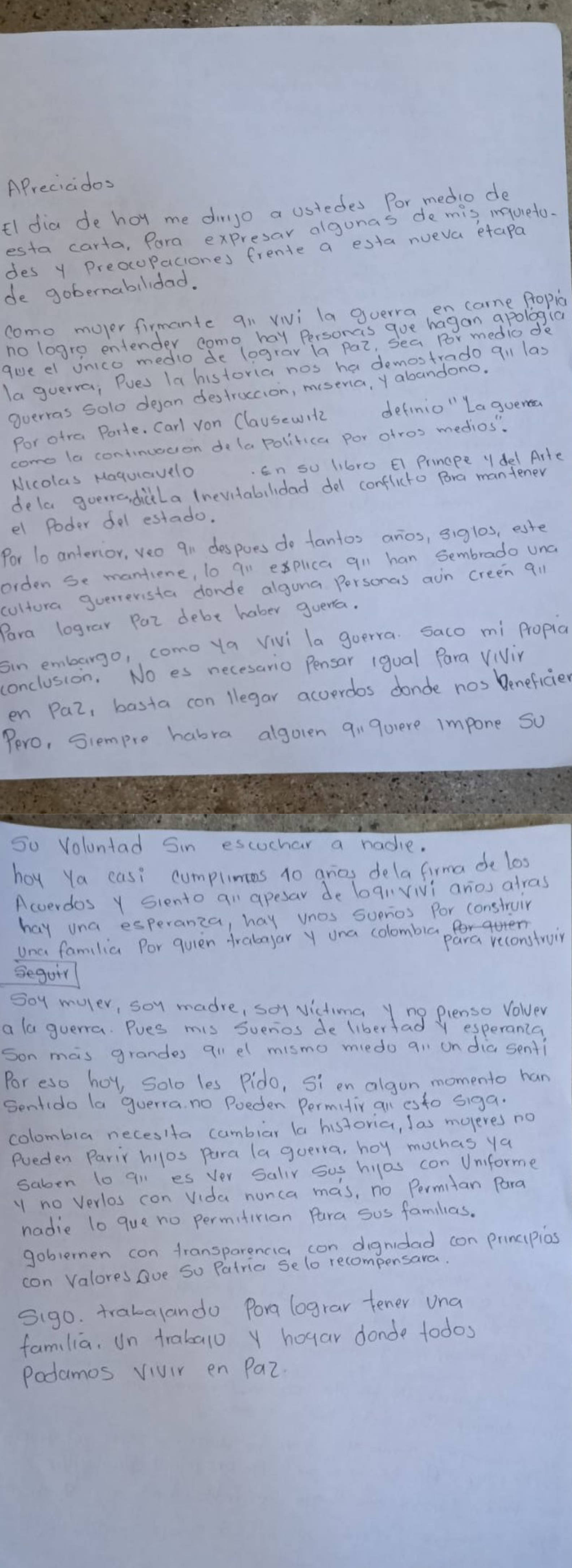 Carta escrita por una firmante de paz desde Arauca