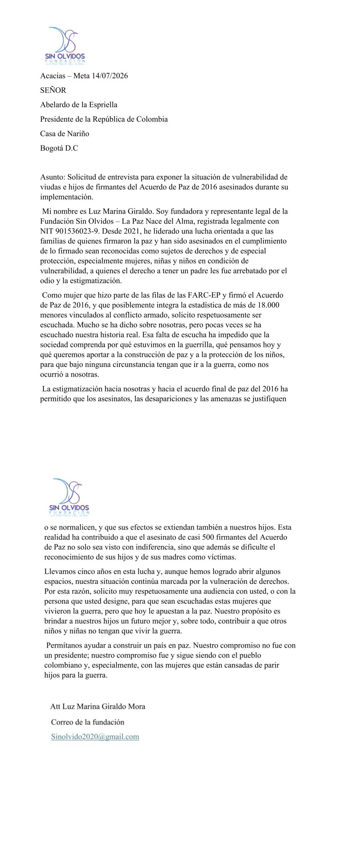 Carta escrita por una firmante de paz