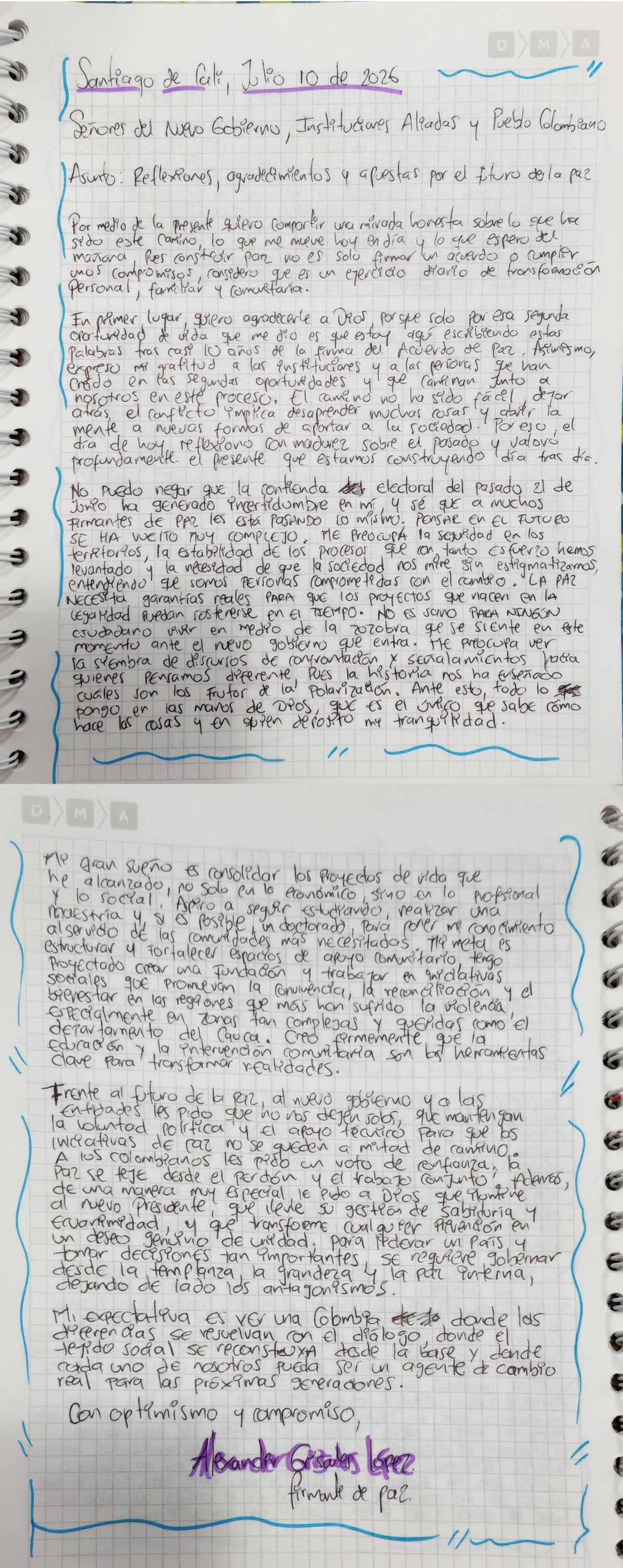 Carta escrita por una firmante de paz