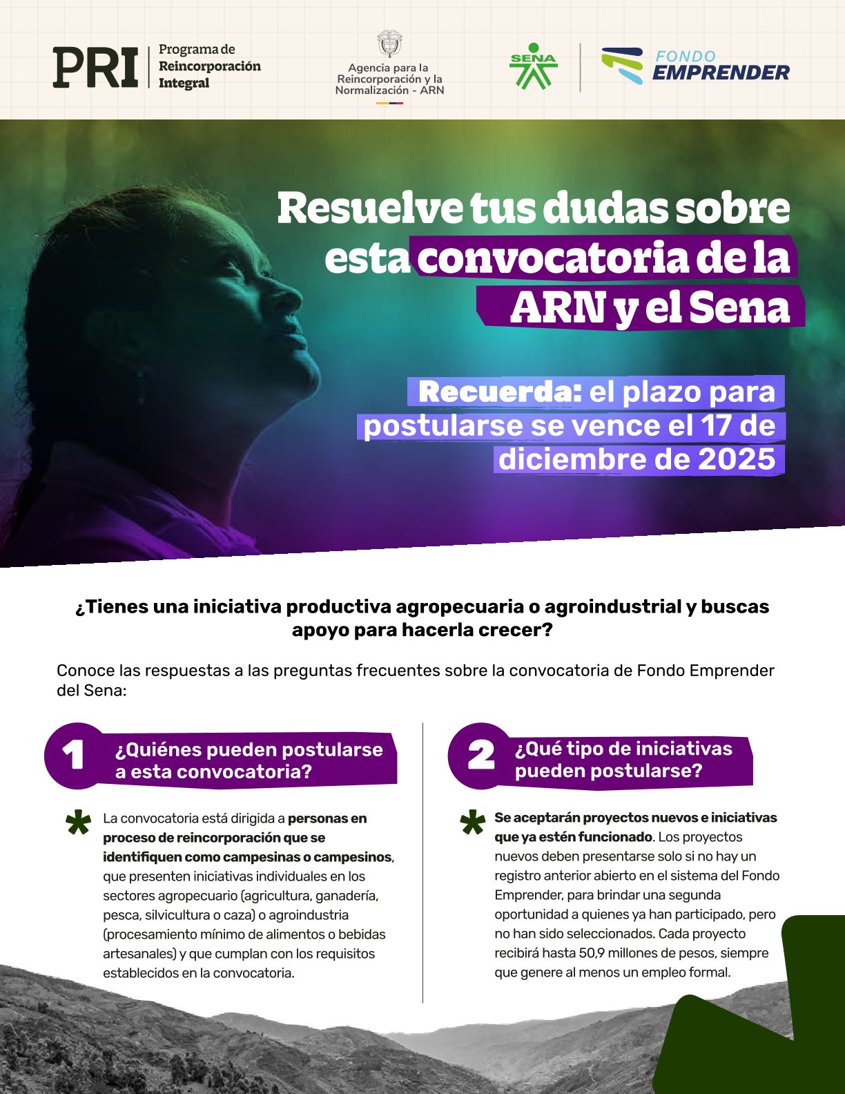 Infografía sobre Resuelve dudas sobre convocatoria ARN y Sena.