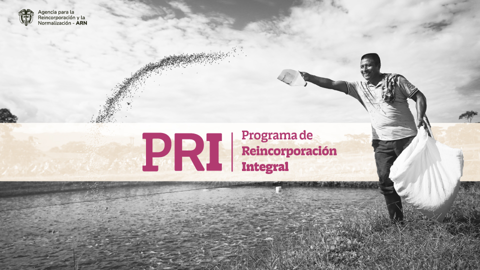 Hombre regando el campo con semillas y leyenda Presentación del Programa de Reincorporación Integral, mayo 2024