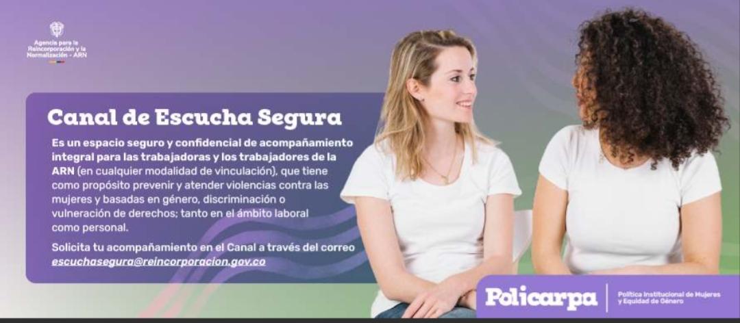 Imagen que contiene una figura humana escuchando y otra hablando. Texto: Escucha segura, un espacio para ti. Y contiene el logo de la ARN