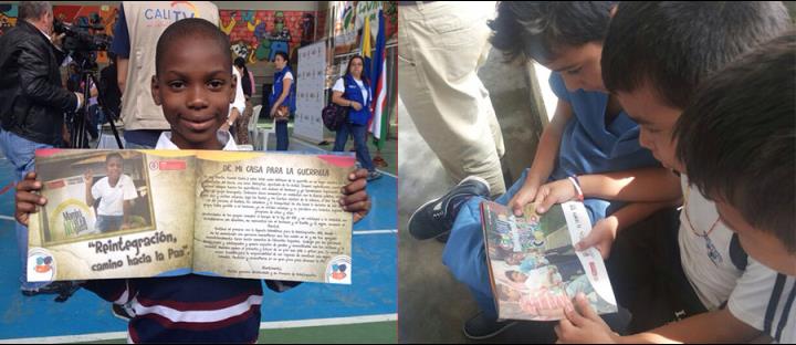 Campaña. Kevin Alfonso (izquierda), hijo de una persona reintegrada, cambió su juguete bélico por una cartilla con cuentos de paz.